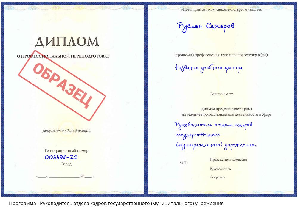 Руководитель отдела кадров государственного (муниципального) учреждения Моздок