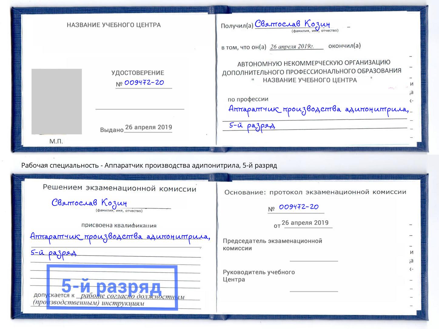 корочка 5-й разряд Аппаратчик производства адипонитрила Моздок
