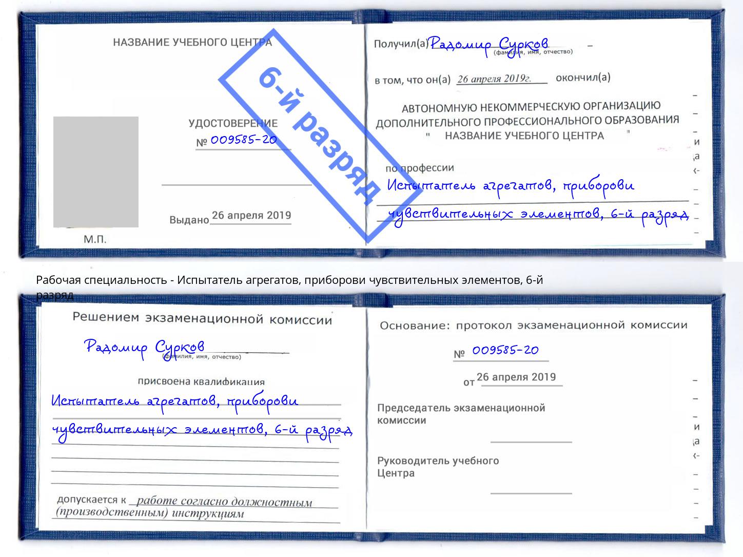 корочка 6-й разряд Испытатель агрегатов, приборови чувствительных элементов Моздок