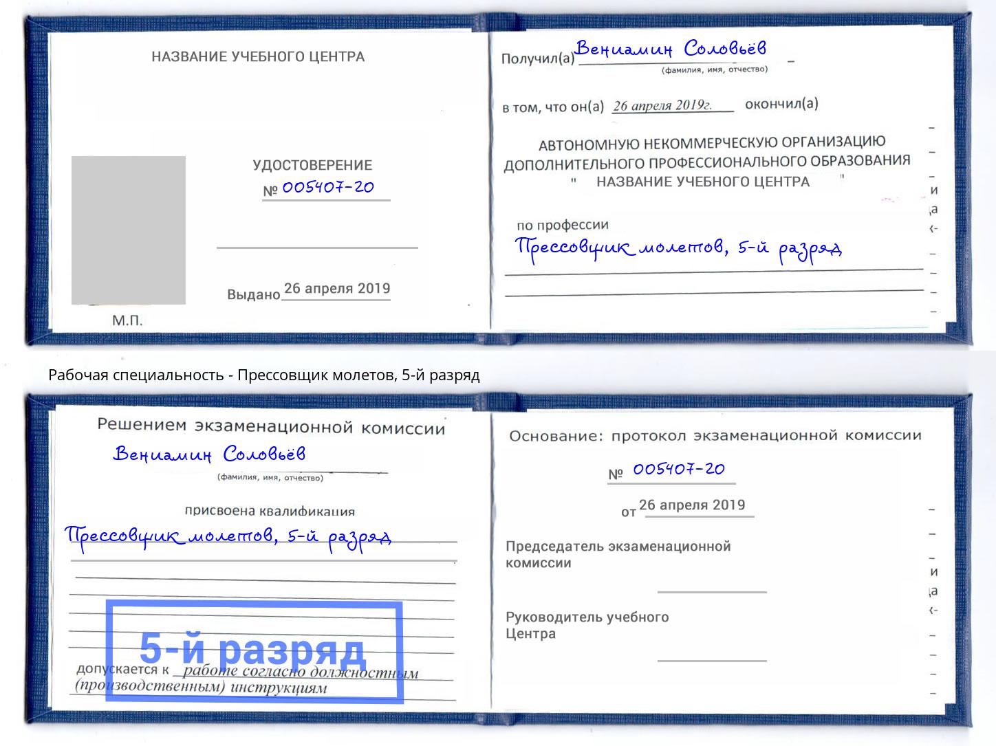 корочка 5-й разряд Прессовщик молетов Моздок