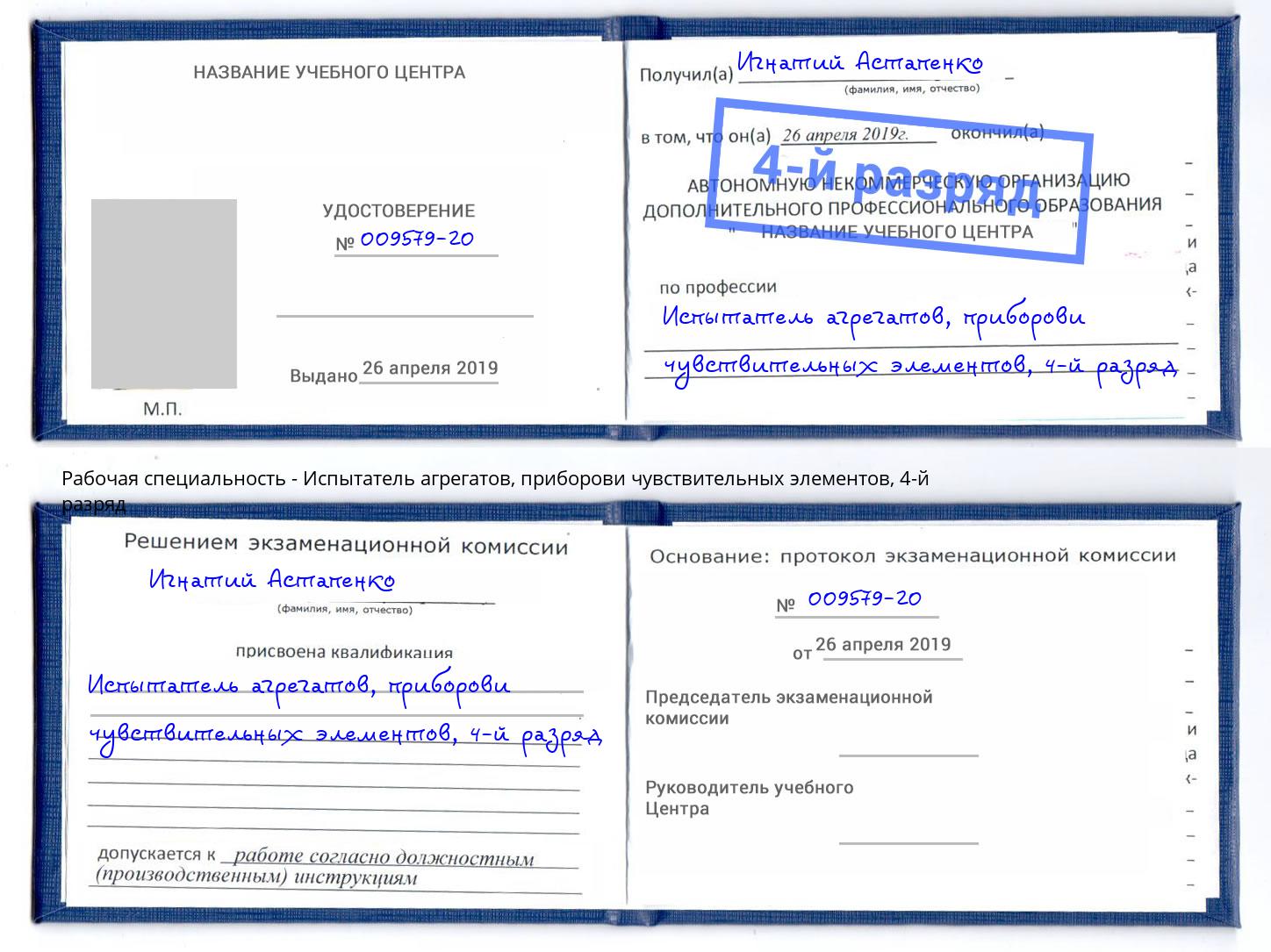 корочка 4-й разряд Испытатель агрегатов, приборови чувствительных элементов Моздок