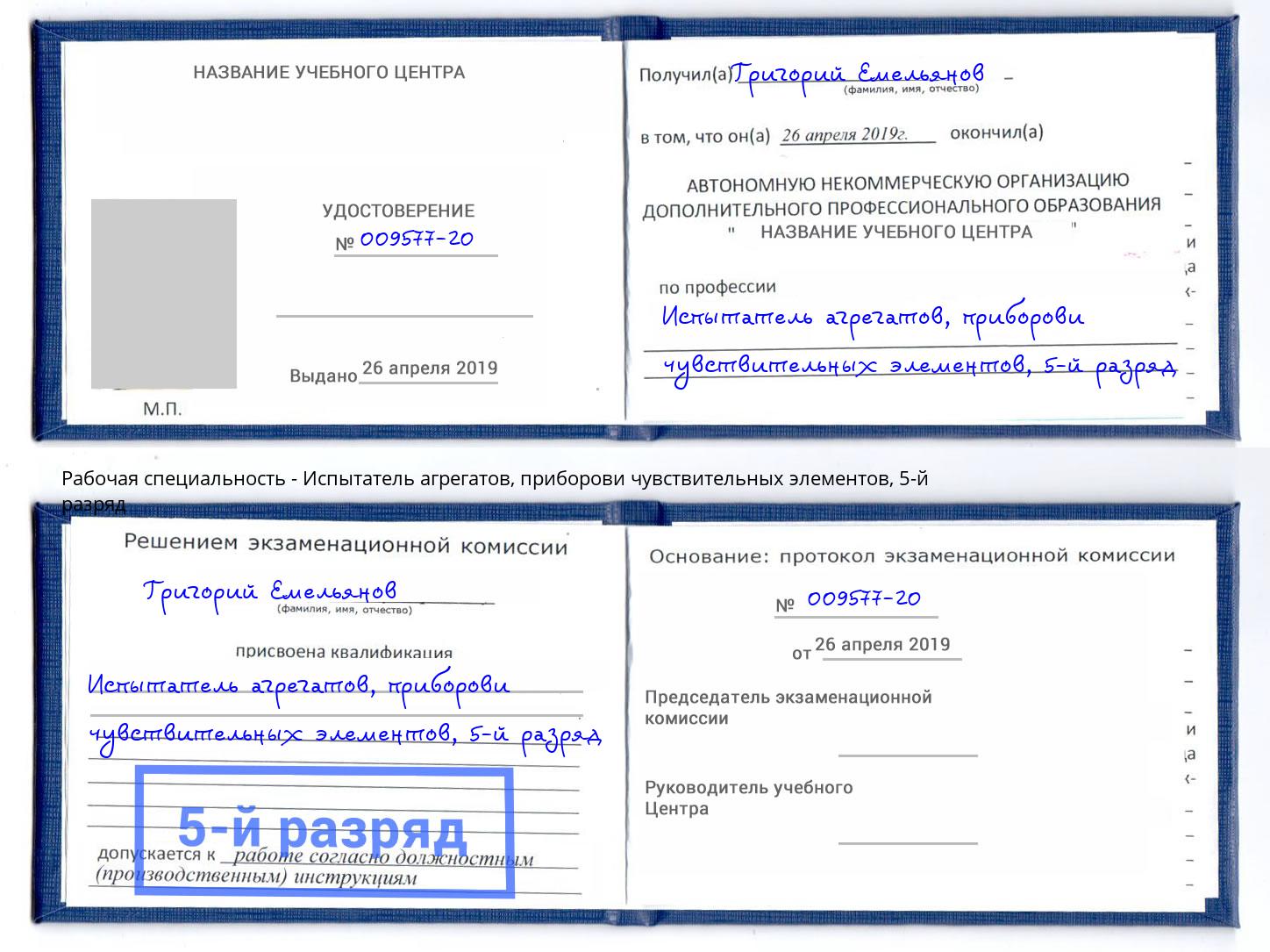 корочка 5-й разряд Испытатель агрегатов, приборови чувствительных элементов Моздок