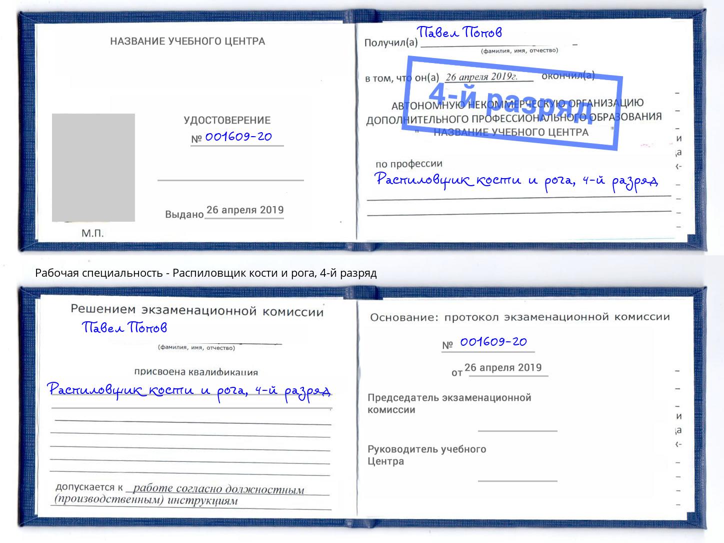 корочка 4-й разряд Распиловщик кости и рога Моздок