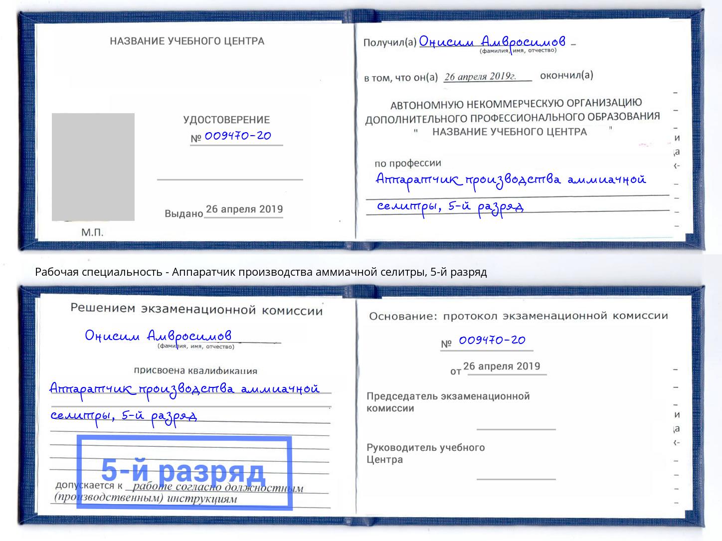 корочка 5-й разряд Аппаратчик производства аммиачной селитры Моздок