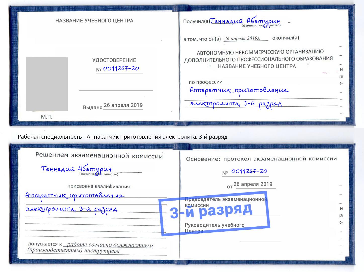 корочка 3-й разряд Аппаратчик приготовления электролита Моздок