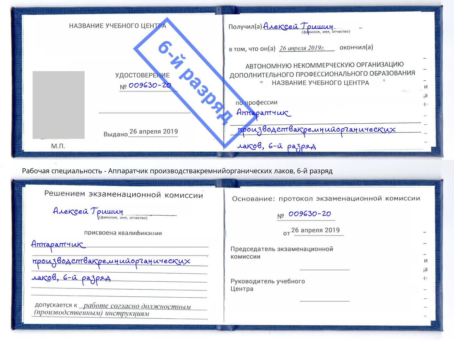 корочка 6-й разряд Аппаратчик производствакремнийорганических лаков Моздок