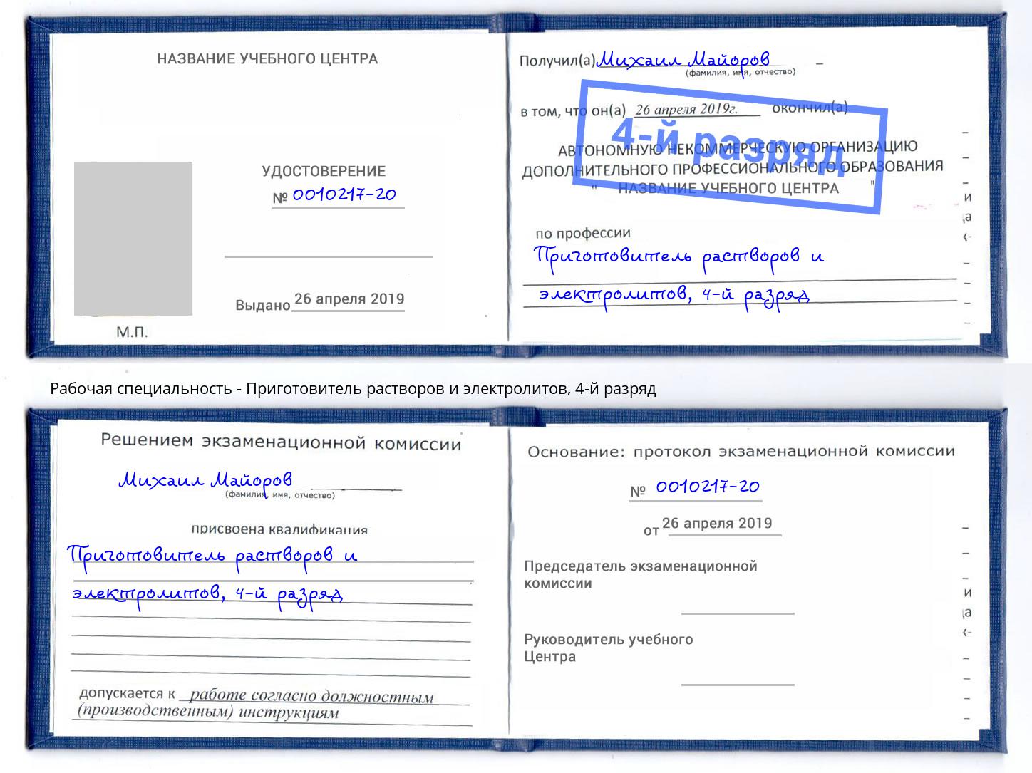 корочка 4-й разряд Приготовитель растворов и электролитов Моздок