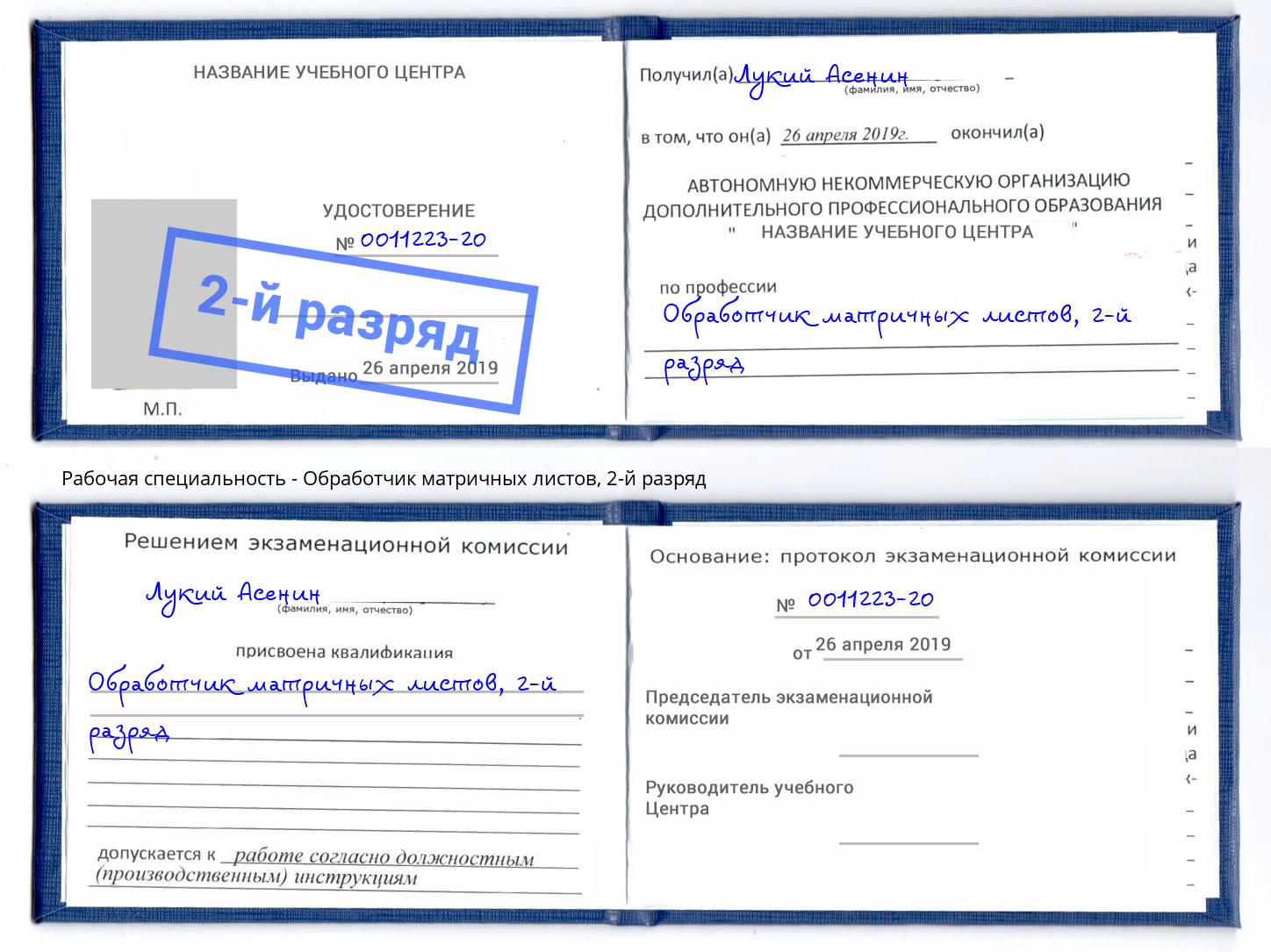 корочка 2-й разряд Обработчик матричных листов Моздок