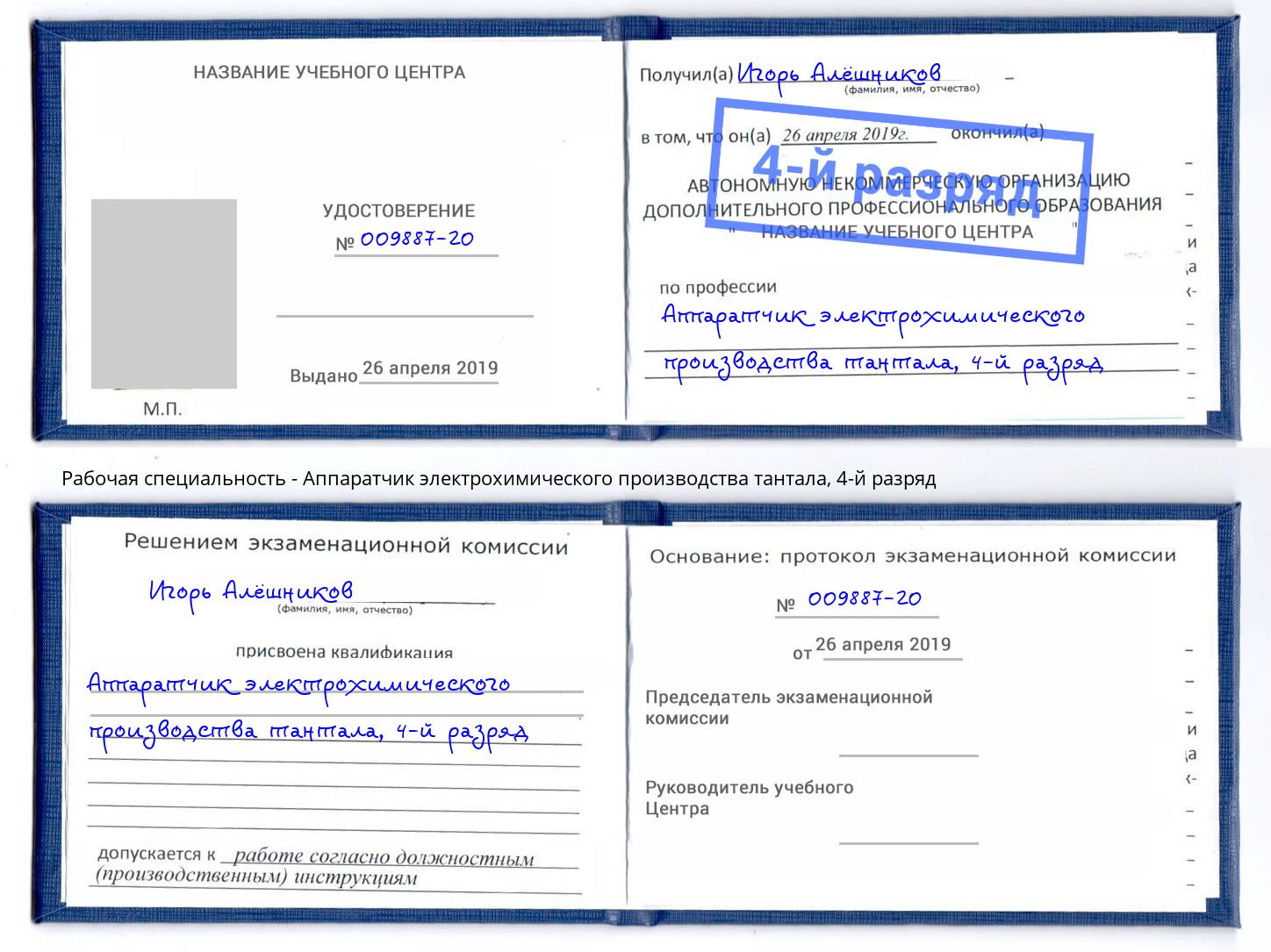 корочка 4-й разряд Аппаратчик электрохимического производства тантала Моздок
