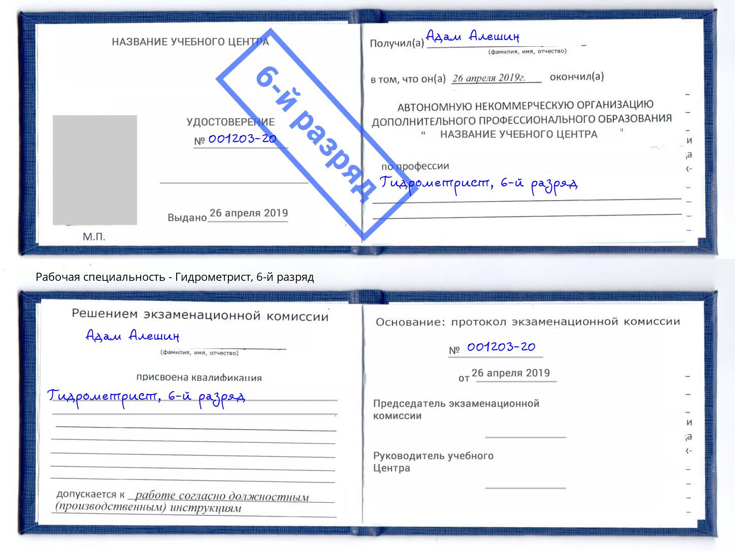 корочка 6-й разряд Гидрометрист Моздок