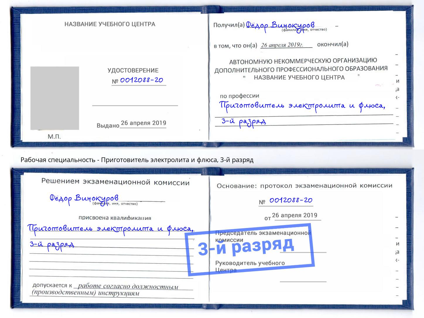 корочка 3-й разряд Приготовитель электролита и флюса Моздок