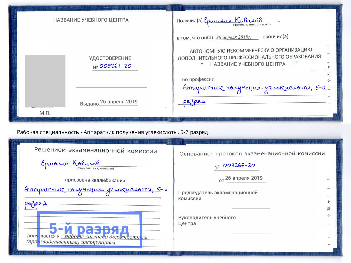корочка 5-й разряд Аппаратчик получения углекислоты Моздок